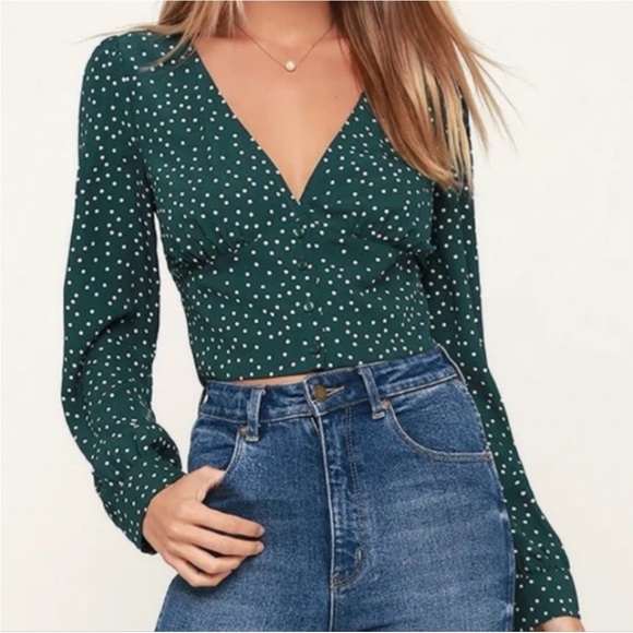 Lulu’s Love Always‎ Forest Green Polka Dot Crop Top - Picture 1 of 5